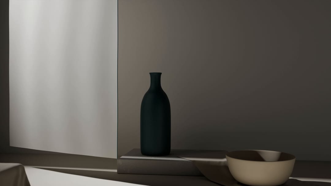 Ein dunkles Gefäß auf einem Sockel vor einer Wand im Schatten, rechts eine helle Schale.